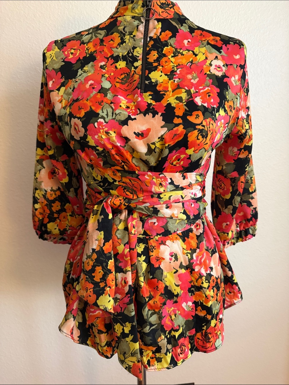 Zara Black Floral Tie-Waist Blouse with Coral and Yellow Accents
